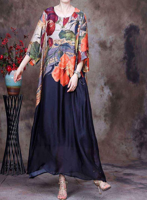 The Lazy Song Silk Floral Printed Maxi Dress, A-Line, Large Hem, Round Neck Casual & Evening Dress